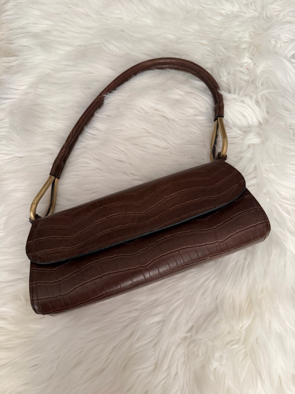 Bueno Brown Croc-Embossed Shoulder Bag